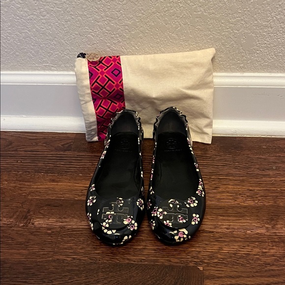 Tory Burch Black Flats with Pink Floral Design - Picture 1 of 5